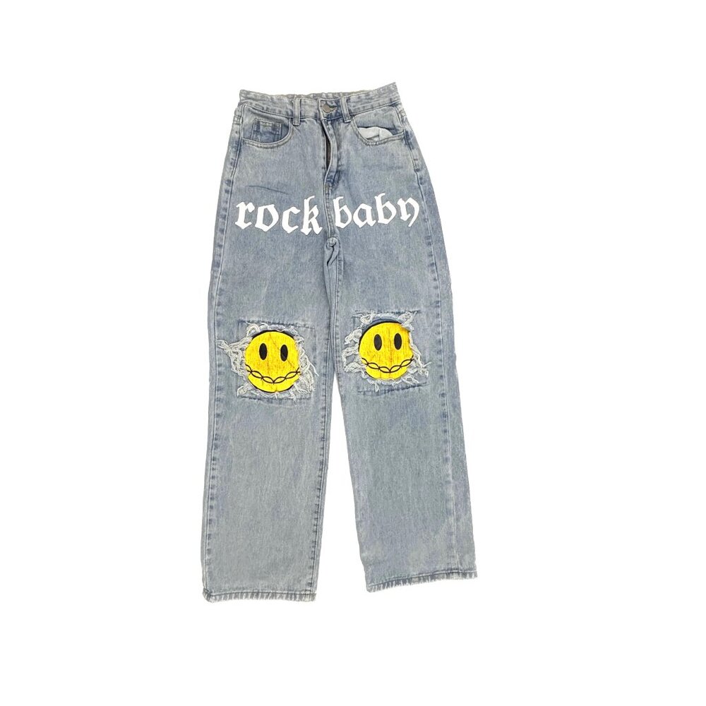 Shein Distressed Straight Smilie Faces Women's size XS Medium Blue Denim jeans